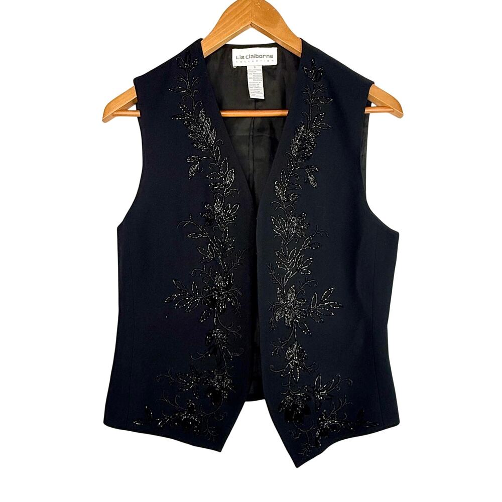 Vintage Liz Claiborne Collection Black Beaded Floral Formalwear Vest Small
